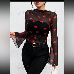 0011NWOT Mesh heart print blouse